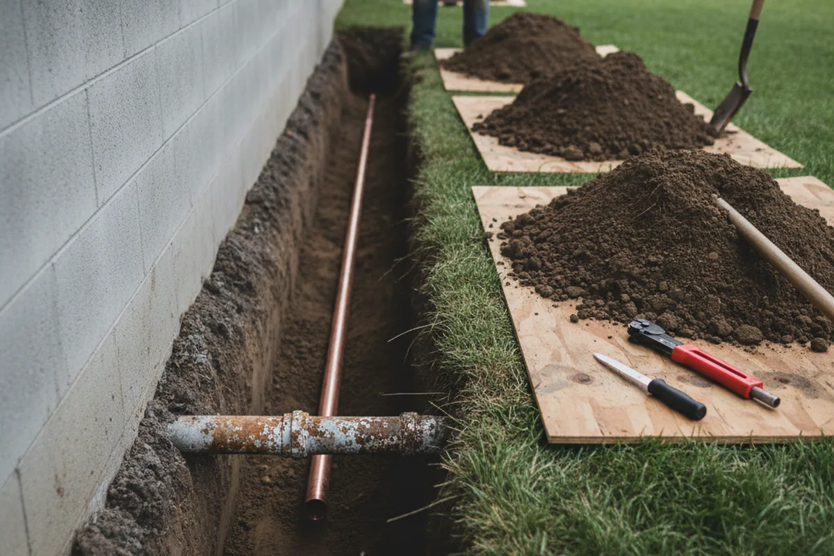 Excavated water line trench during Sewer Line Repair in Glenford